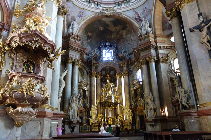 The east end of St. Nicholas. This lavish Baroque church was built by the Jesuits 17-18c in several stages.