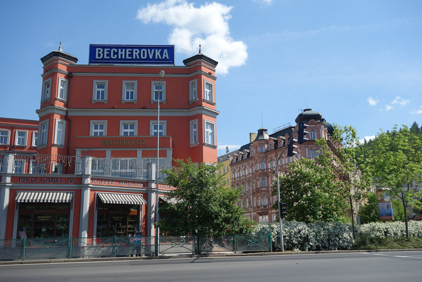 Becherova is a liquer produced in Karlovy Vary. This is in the downtown part of Karlovy Vary, where the Tepla meets the larger Ohre. The real spa is upstream on the Tepla.