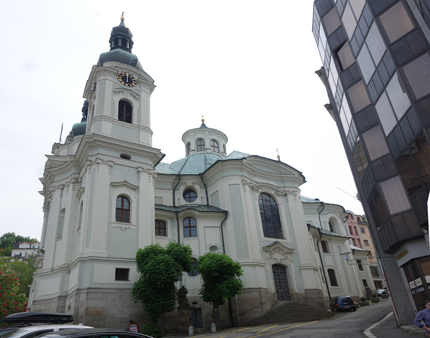 The Catholic church is across the road from the Hot Spring Colonade.