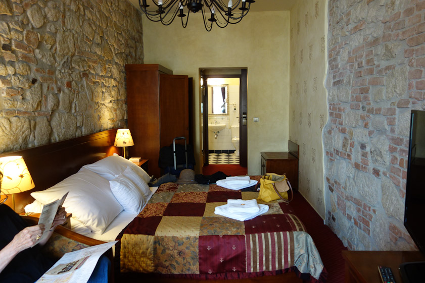 Our room at Hotel Rous in Pilsen was a little confined by two stone walls.
