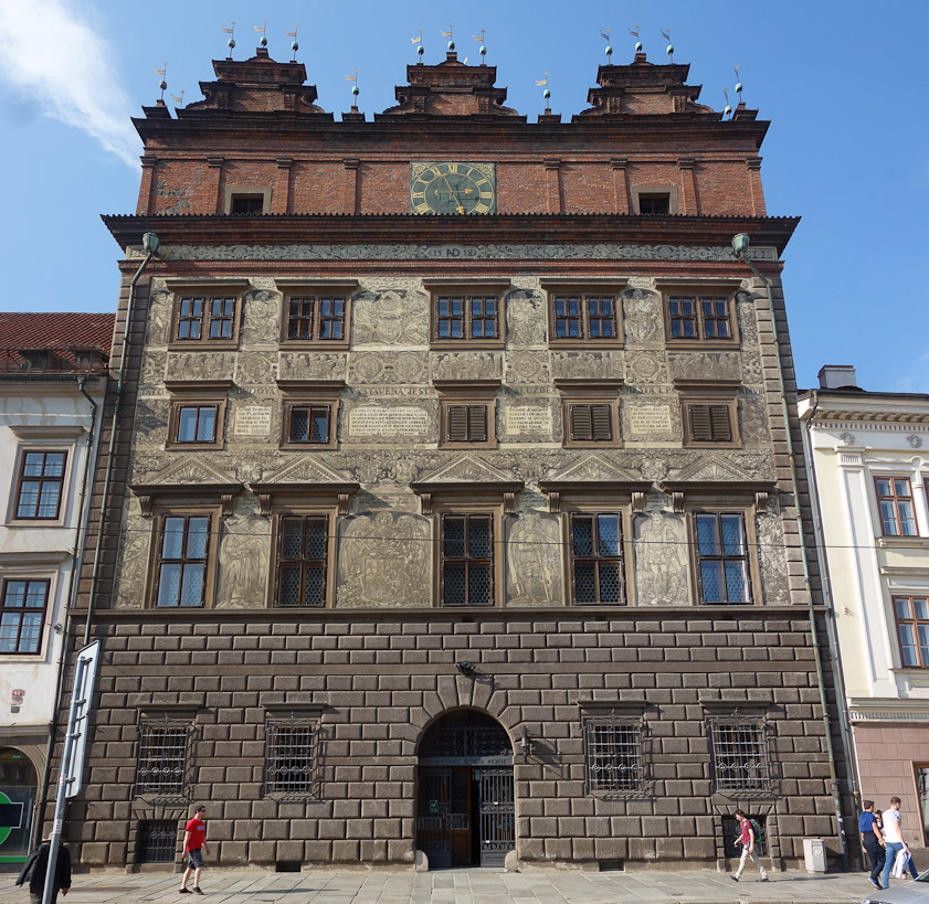 Pilsen Town Hall is painted like some of the buildings we saw, but much older. The town bought a large building in 1496. It was remodeled and repaired several times into this appearance.