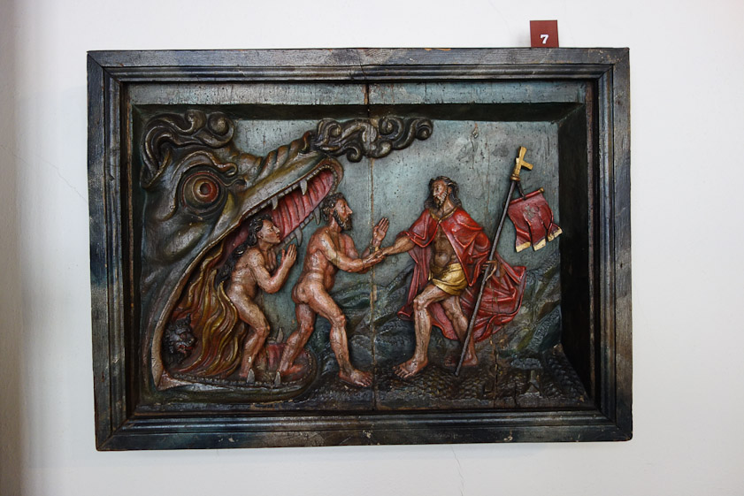 A wondeful wood carving of souls being saved by Christ from the literal jaws of Hell.