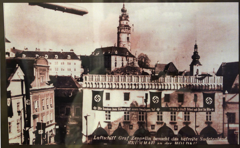 Hitler visited Cesky Kurmlov (Krummau) after Germany took over the Sudetenland (the part of Bohemia with a large ethnic German population). Note the Graf Zepplin in the upper left corner.