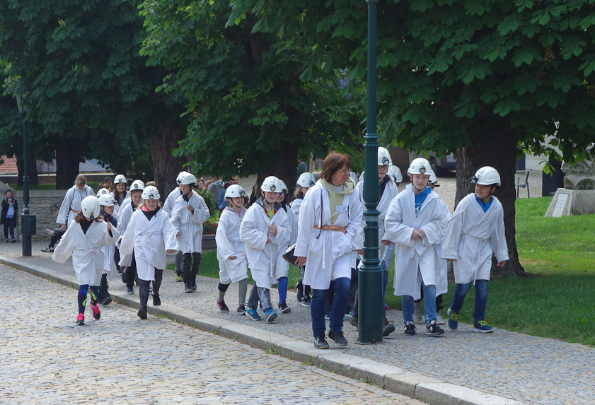 These school kids were dressed to tour the old silver mine, source of Kutna HOra's wealth until it flooded. We didn't have the time or the knees to see that. Silver is a big part of Kutna Hora's history, but we saw nothing of it in our visit.