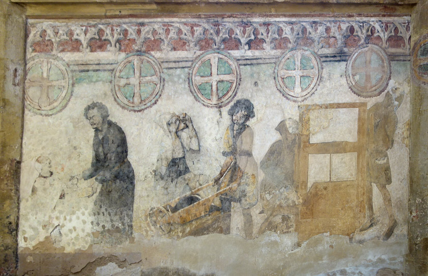 The fresco shows hasplers (winch operators) on the right hauling silver ore up a shaft.