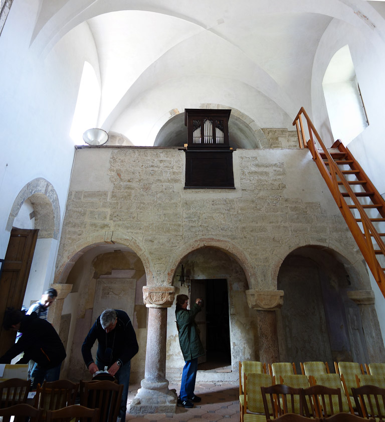 The entrance to the balcony is via a door in the tower at the west end. The church served as a defensive keep for the nobleman's adjoining castle, which was made of wood.