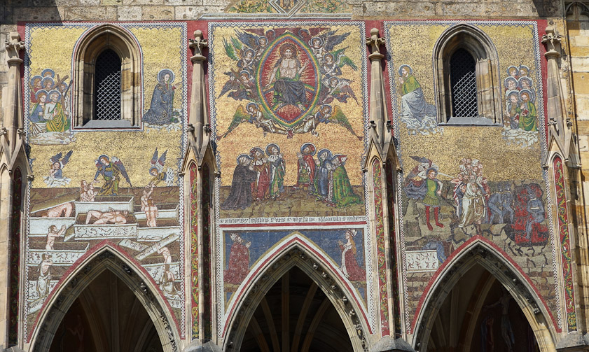 This mosaic was commissioned by Charles IV in 1369 over the ceremonial entrance to the cathedra., the Golden Gate. It was executed by artisans from Venice.