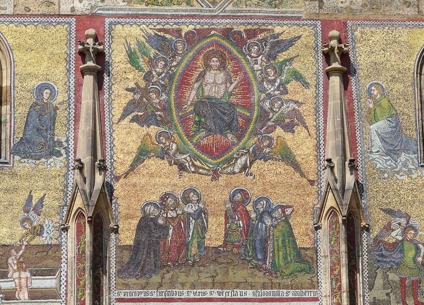 Christ in a mandorla at the Last Judgement, with six Czech patron saints below. On the left the just are being pulled out of their graves by angels taking them to heaven.