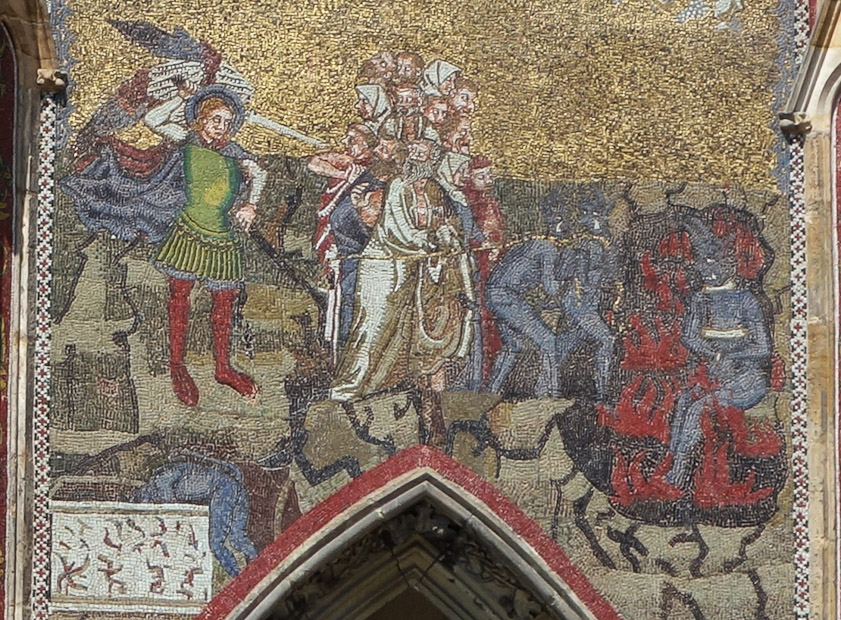 On the right, the damned are led off to eternal damnation. Demons are blue.