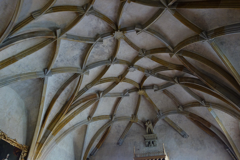 The vaulting in the Diet Hall. The top of the King's throne is at the bottom.