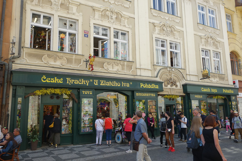 Celetna leads from the Powder Tower west past the House of the Black Madonna to Old Town Square, and has many attractive buildings.. This is a toy store.