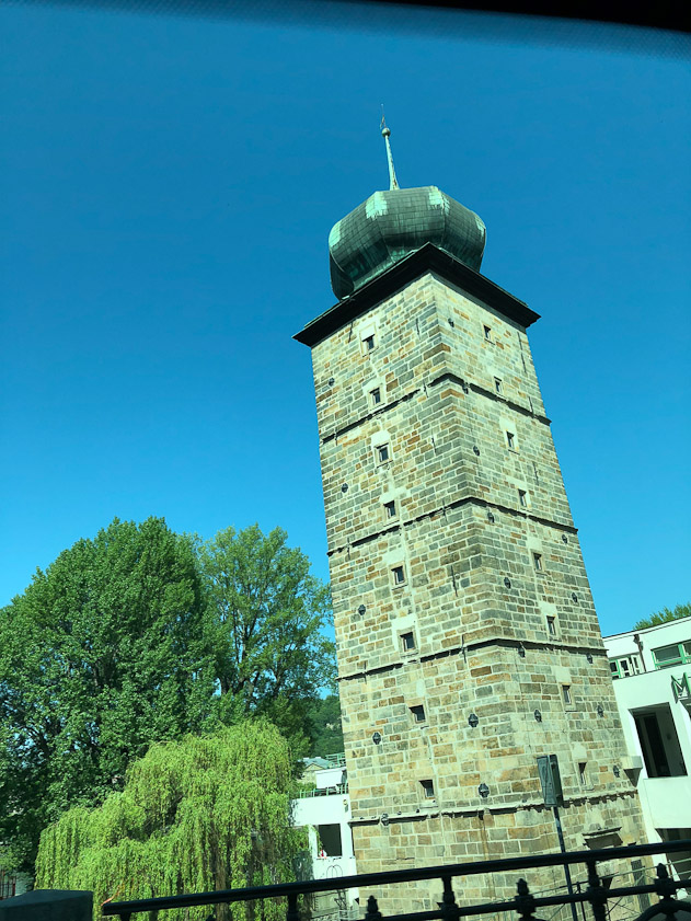 We drove past the Šítkov water tower, built 1588, in a taxi on the way to the railway station in Prague.