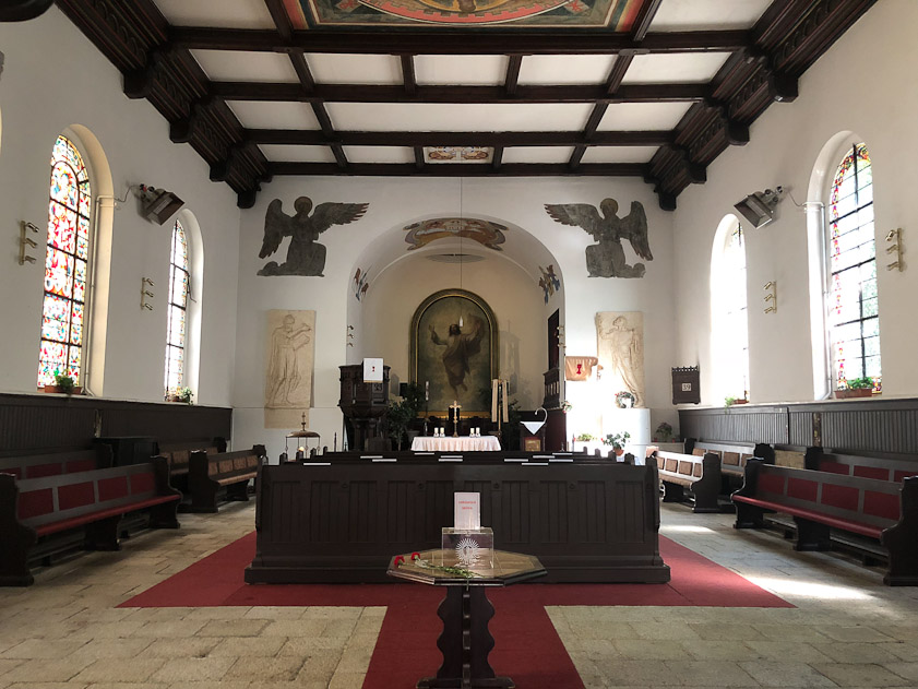 It was built 1854-56 for Lutherans, Anglicans, and Orthodox Christians. By 1946 those denominations had their own churches and it was acquired by the Czech Hussite Church.