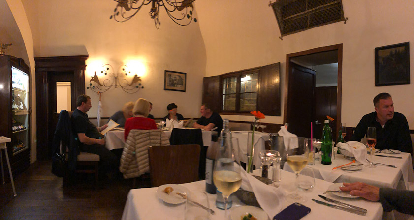 The dining room at Hotel Embassy. Two Germans sat next to us at the right, and a table of six Russians were across the room.