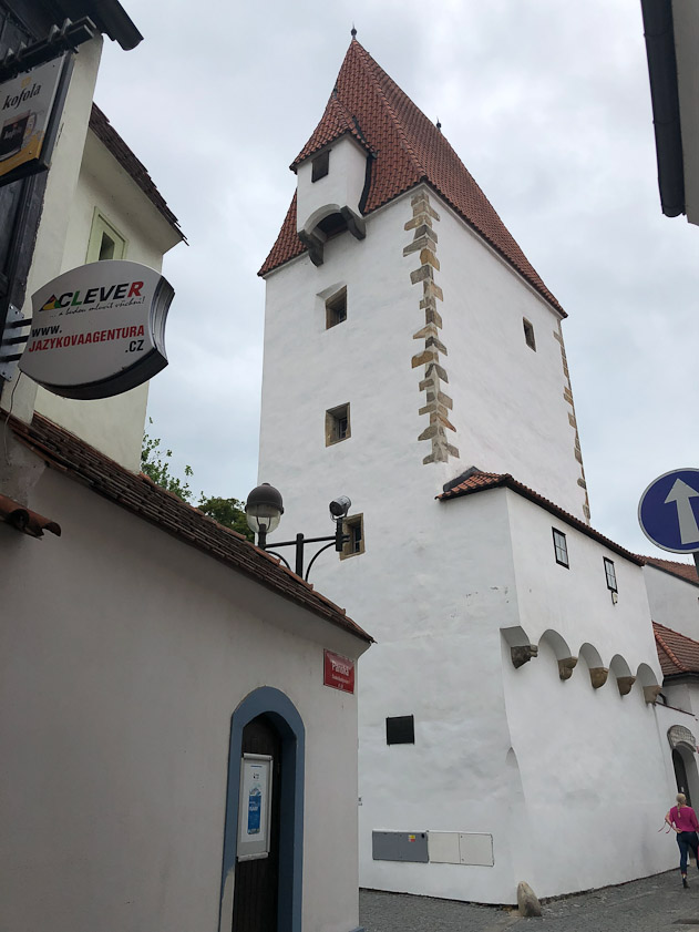 Rabenstein Tower, formerly part of the city's defenses in the 14c. One block north of Hotel Budweis.