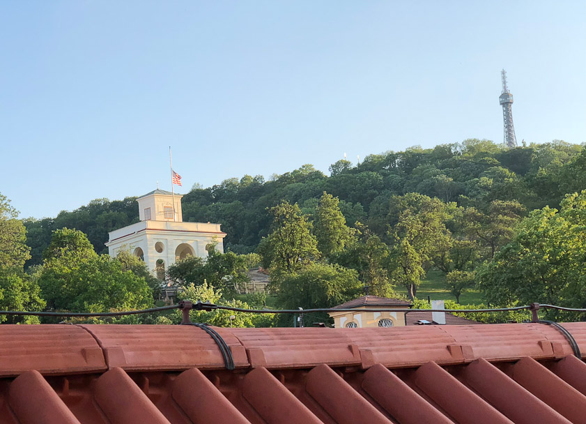 For dinner we ate at Coda, the rooftop restaurant in the Aria Hotel, close to the American Embassy, which owns this building on the hillside behind it. The flag was at half mast for the latest school shooting.
