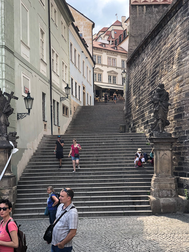 The street is called Radničke schody, and has 127 steps, descending about three stories in 100 meters. It curves to the right, out of sight.