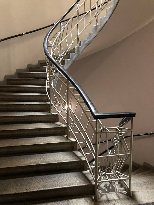 The stairway down to the cafe is famous, but the designer is unknown.