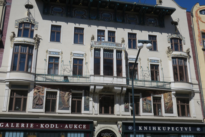 A highly decorated Art Nouveau building on  Národní třída. It was designed in 1906 by Osvald Polívka for the insurance company Národní třída in Prague. The Divadio Viola theater is located in a hall inside.