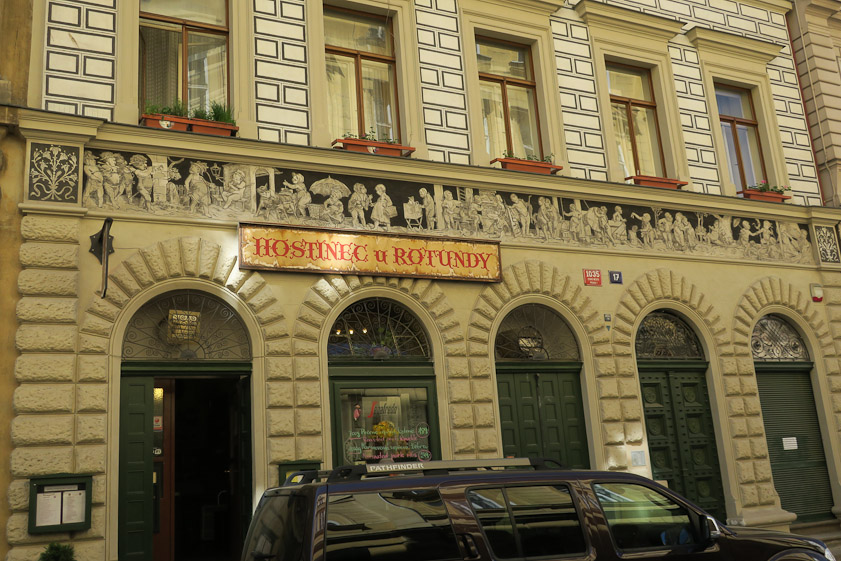 Another decorated building, on a side street off Národní třída.