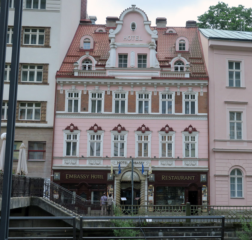 Our room in the Hotel Embassy was on the right on the 4rh floor. The Karlovy Vary Museum is the pink building to the right.