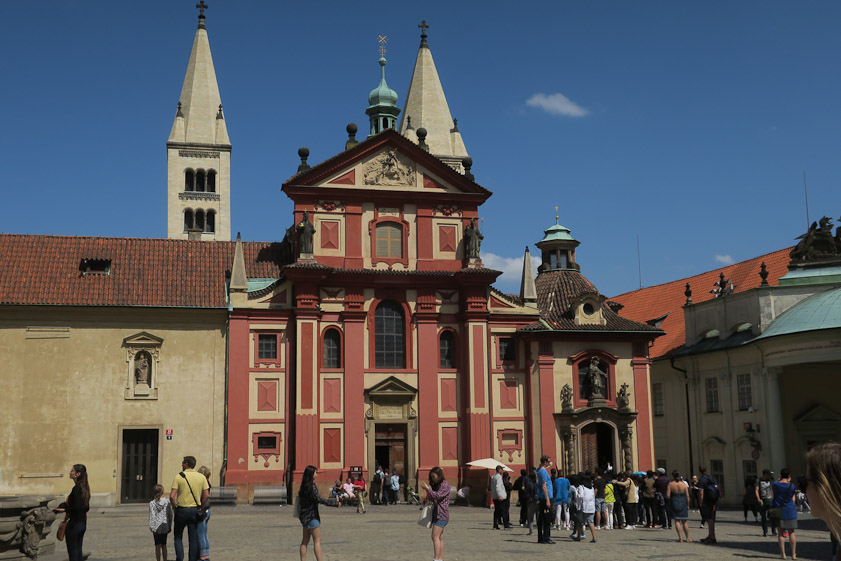 The Baroque facade of St. George's basilica. belies the interior, which is Romanesque. St. George's is the oldest church building in Prague.