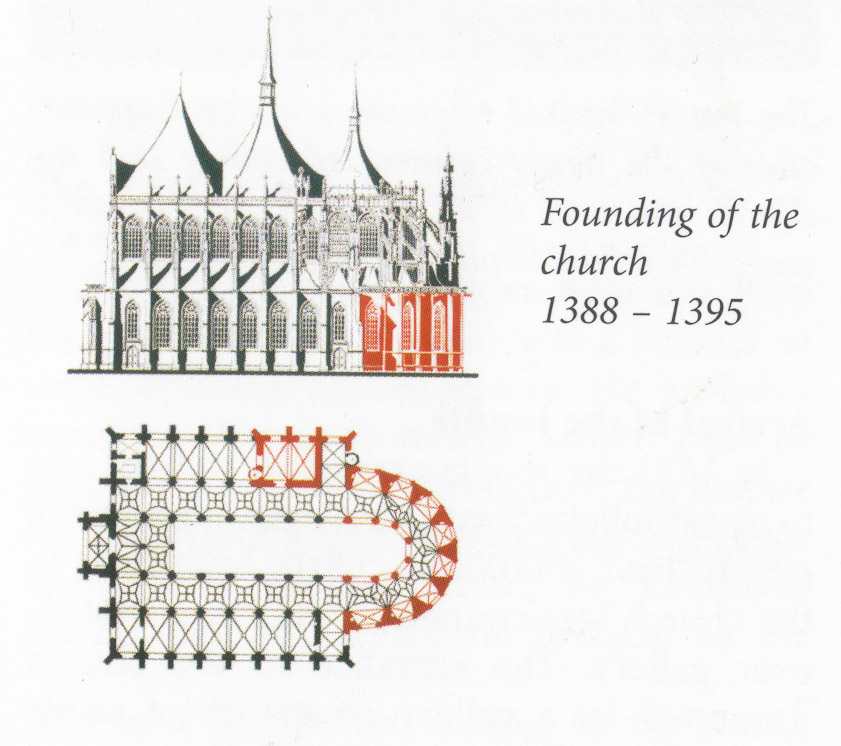 The original architect is not known for sure, but concievably was from the workshop of Peter Parler, who was working on St. Vitus in Prague and other nearby churches at this time.