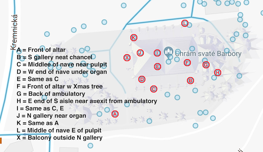 This map points to the various Google Street View panoramsa of the interior of St. Barbara that I used to identify our photos. The underlying map, a screen shot of 18 July 2018, is not accurate.