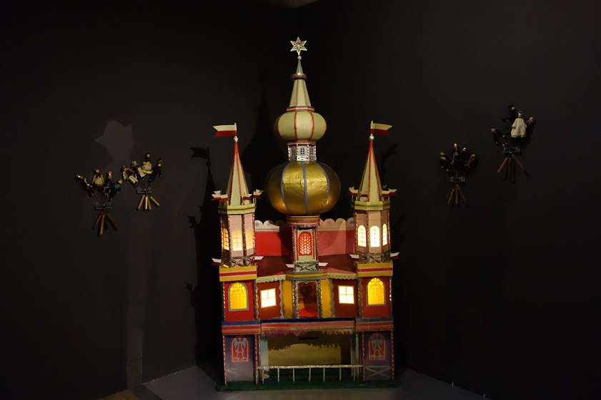 Szopka in the Ethnographic Museum. Note the small stage at the bottom, where simple puppets acted out stories.  These were carried from house o house, where performances were put on for tips at Christmas time.