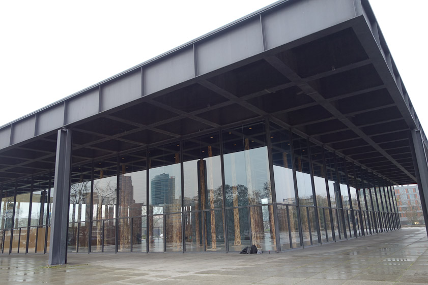 A couple of blocks away from Potsdamer Platz is the Kulturforum, built when Berlin was still split by the Wall, for new facilities to replace those located on Museum Island, now in the Soviet Zone. This is the Neue Nationalgalerie, designed by Mies van der Rohe. It houses modern art. The current show featured a forest of tree trunks from floor to ceiling, with the bark removed.