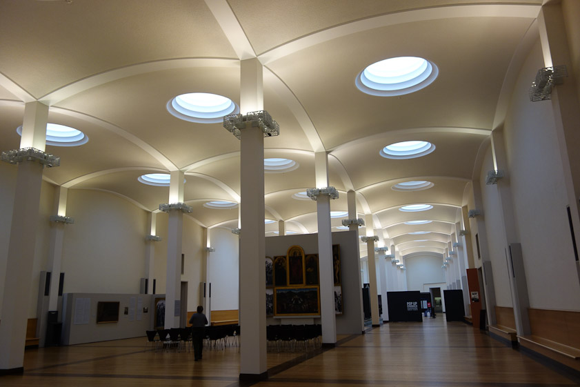 Our first goal at the Kulturforum was the Gemäldegalerie, he museum of old master paintings. They had a show on the Jan van Eyck Ghent altarpiece, parts of which the Germans had to return to Belgium as part of reparations for World War I. That's a reproduction in the middle of this gallery.