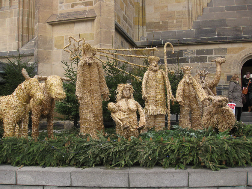 A Nativity scene with large straw figures was along the east side of St Vitus.