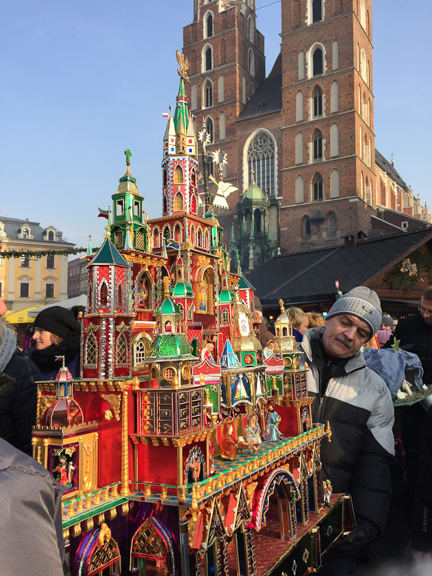One of the biggest, most elaborate szopki. After display in the morning, the szopki were paraded around the square and delivered to the historical museum for judging and evenutual display there.