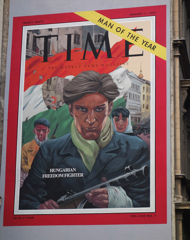 Sign an a builiding in Dohány Street. Time cover for 7 January 1957.