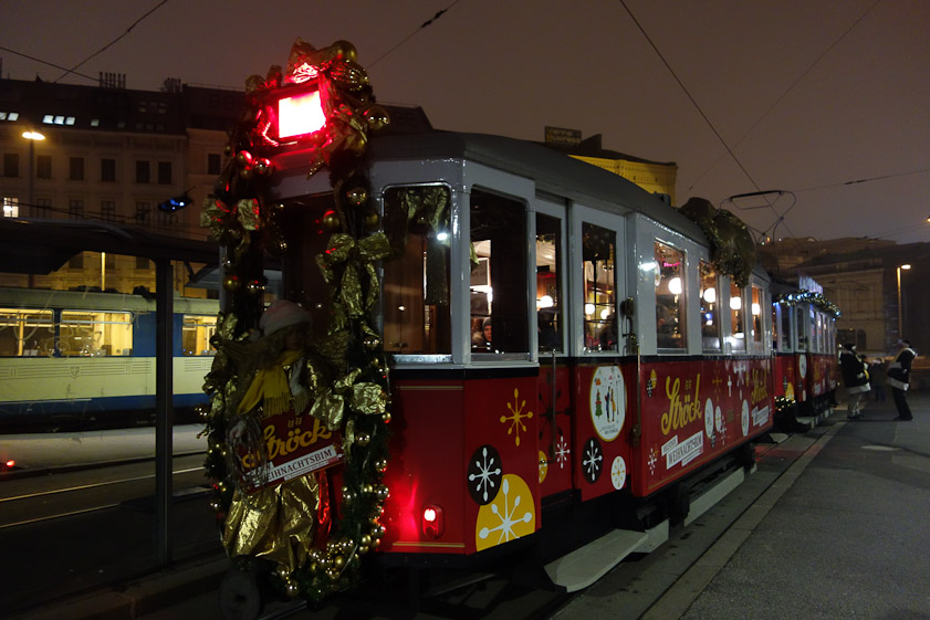 Christmas decorations on a Vienna tram.