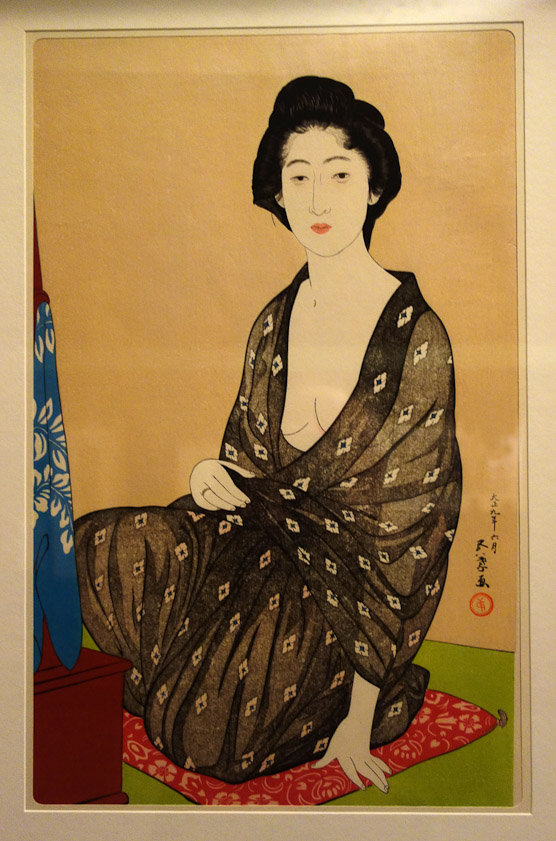 There was an exhibition of Japanese shunga (eroic art) in the basement. Most of it was prints of pleasure houses with some penises and vaginas, sometimes magnified,  but the effect was not erotic. Only the prints by Hashiguchi Goyo were interesting. 
