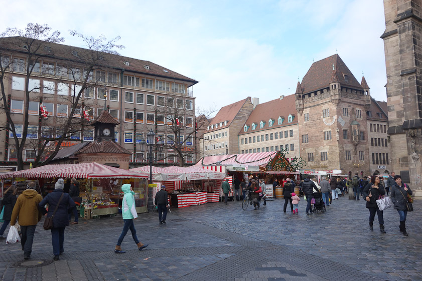 On our first full day in Nuremberg we saw the Christmas market at Lorenzkirke. The tower on the right is Nassauer Haus, with a cellar from the 12c or 13c. The Lorenz Church is on the far right.