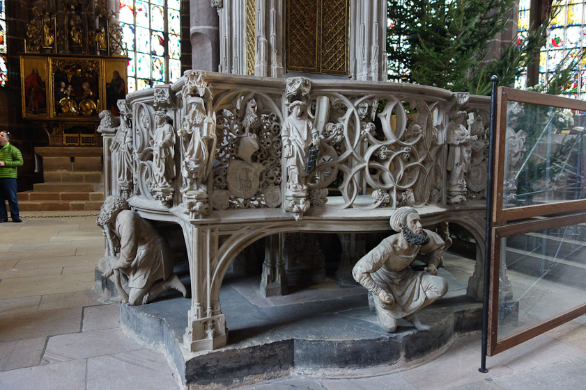 Another treasure of Lorenzkirke is a stone tabernacle by Adam Kraft. This tall stone structure housed materials for communion. The crouching figure is a portrait of the sculptor.