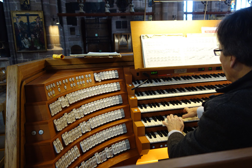 I was impressed by the complexity of the organ console at Lorenz Church. I read later that it controlled 3 organs built in 1862, 1937, and 2005. Each of the white stops to the left of the keyboards controls a rank of pipes of the same timbre and volume. There are 165 stops.
