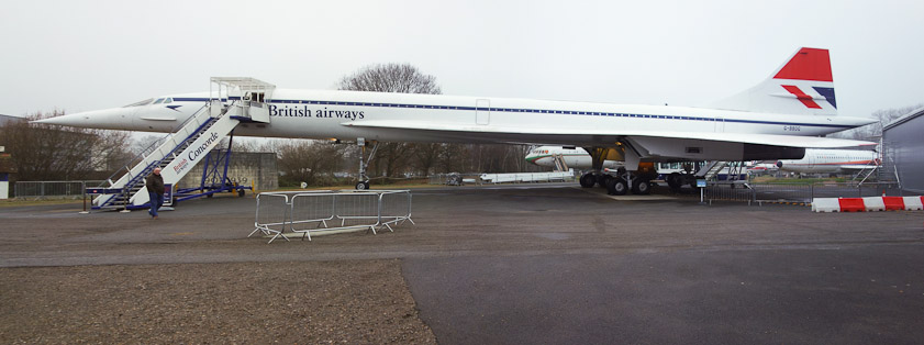 Pete drove Henry and me to Brooklands, site of a banked track for race car and motorcycles and a Vickers aircraft plant. It is  now a museum of aircraft, race cars, and motorcycles. It is next to a fancy Mercedes facility where customers can oogle and test drive hot Mercs. This is Concord.