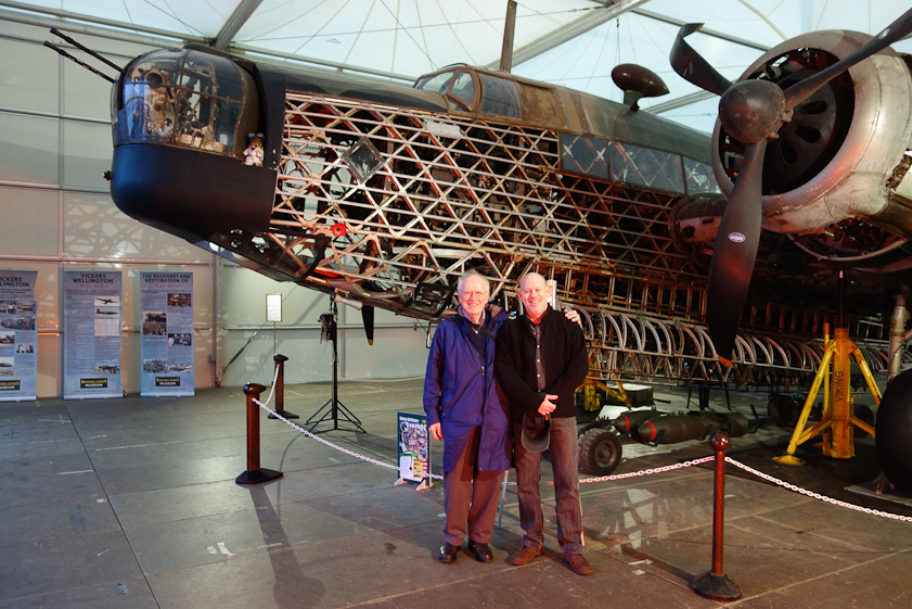 A docent took my photo with Pete. While looking for the Loch Ness Monster, an aircraft wreck was discovered in the 1970s. Robin Homes of Heriot-Watt University developed survey equipment that identified the aircraft as a Wellington. Funds and sponsors were raised and salvage and restoration began in 1985.