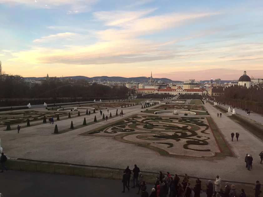 View from the Upper Belevedere of the garden, the Lower Belvedere and Vienna beyond to the north.