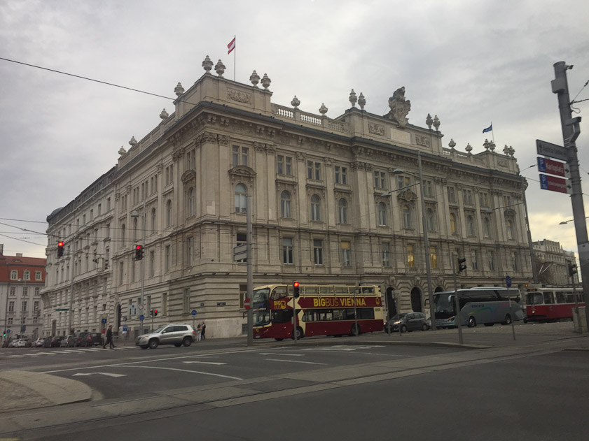 Seen from taxi en route to the Hauptbahnhof (Main Train Station in Vienna). Even with latitude and longitude I couldn't identify the building. Google Street View was obstructed by Austria in 2010 and the company has not persisted.