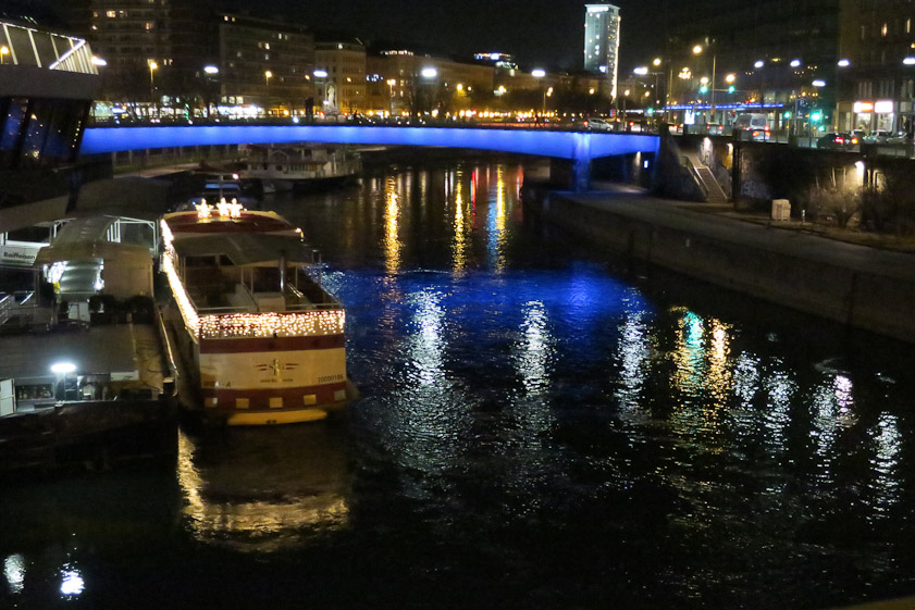 Some of the bridges over the Danube Canal are illuminated. This is the Marienbrüke.