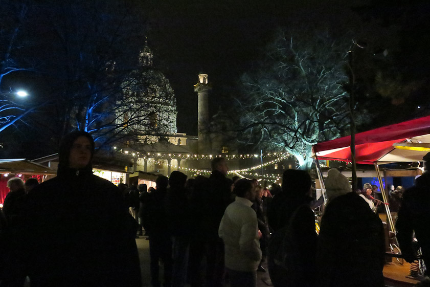 The Christmas market at Karlsplatz. In the background is Karlskirche, designed and buit  1716-1737 by Johann Bernhard Fischer von Erlach and his son, Joseph Emanuel Fischer von Erlach.