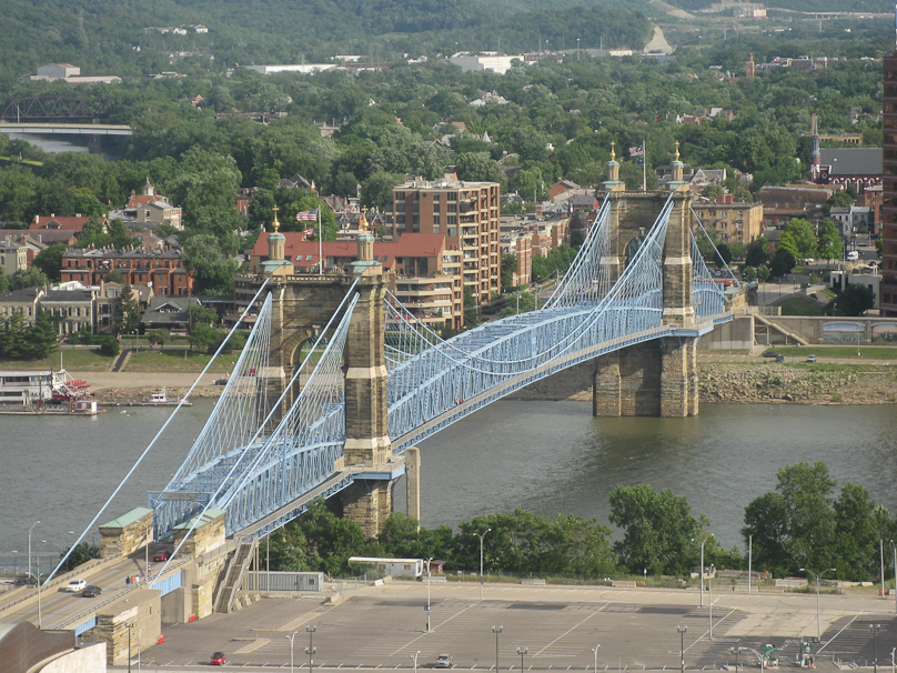 The Roebling Bridge is an appropriate symbol for the meeting of the Society for Industrial Archeology in Cincinnati in May-June 2012. This was shot from the 21st floor of the Hilton Cincinnati Netherland Plaza hotel, and that is Covington, Kentucky on the far side of the Ohio River.