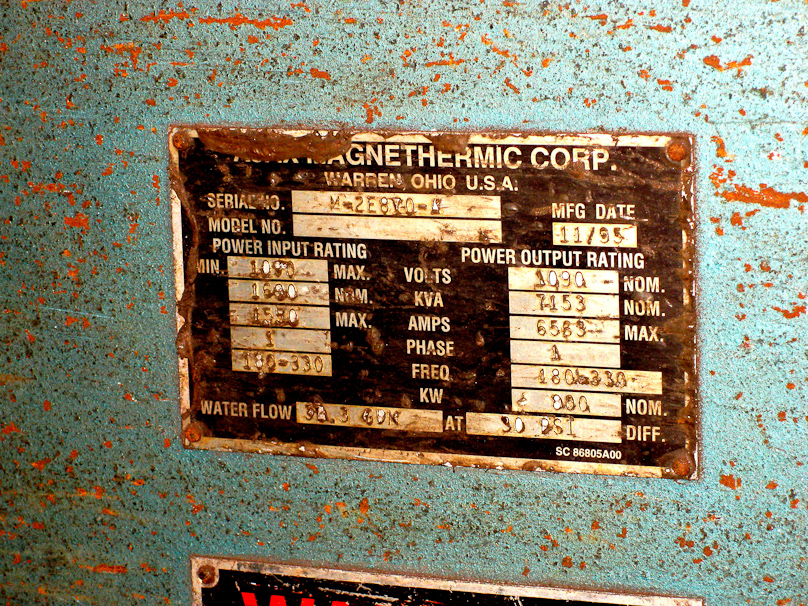 The nameplate on the furnace control reads (I think) that it uses as many as 6583 Amps at 1090 Volts at 180 to 330 Hz to melt the iron. I gather the intense alternating fields heat the iron by induction.