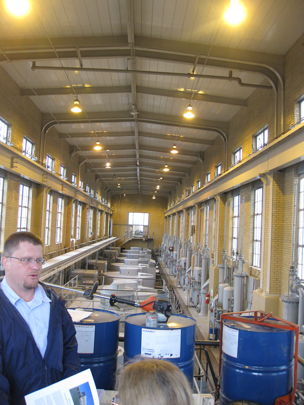 Inside the pump house are eight large pumps that pump water out of Mill Creek and into the Ohio River when Mill Creek gets too high. Mill Creek is to the left, and the Ohio is on the right.