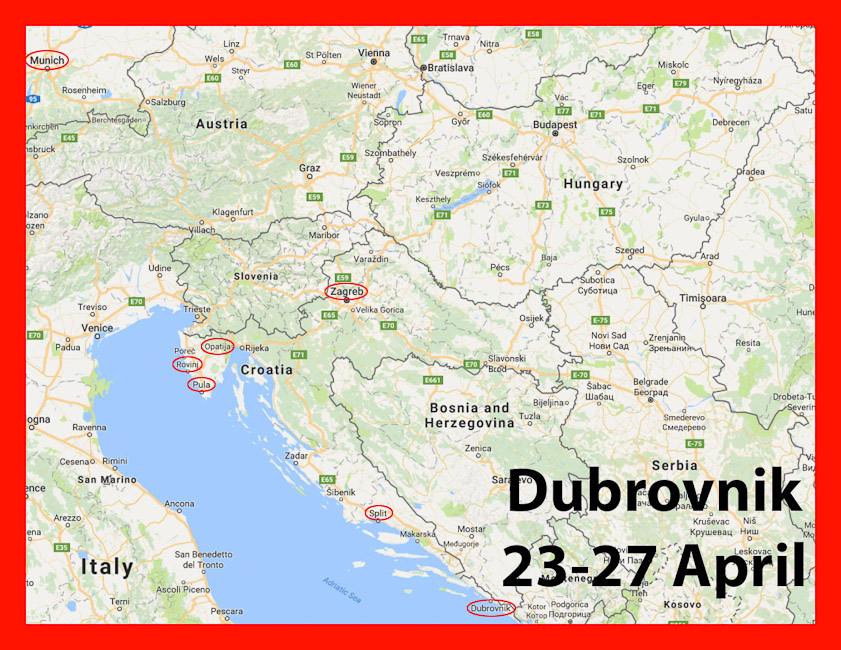 We flew from Zagreb to Dubrovnik at the far south of Dalmatia. The railroad station in Dubrovnik is closed, and the road passes through Bosnia and Herzegovina. Note the narrow corridor of Bosnia and Herzegovina that gives that country a tiny piece of the Adriatic coast at Neum.
