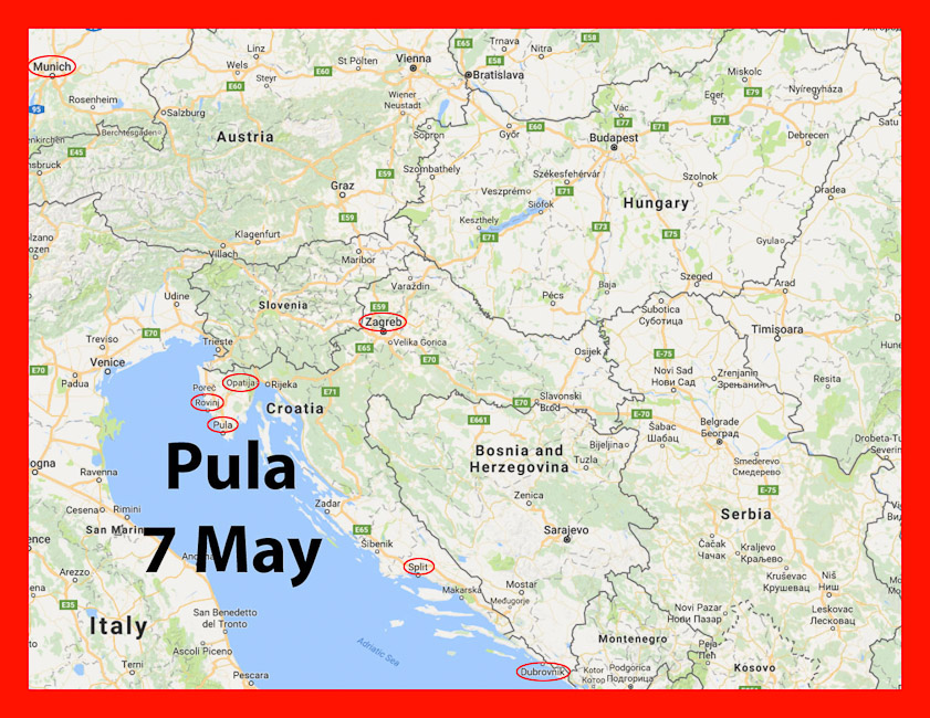 We moved to Pula, a large city at the southern end of the Istrian peninsula for one night. The hotel had an elevator and a good restaurant.